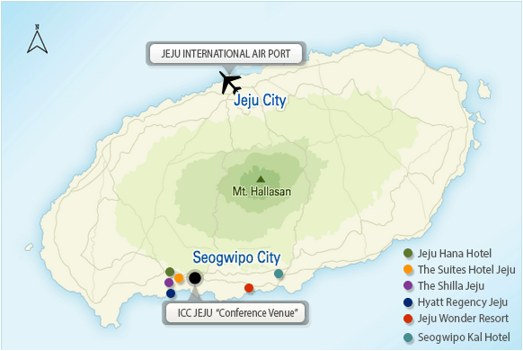 A map of Jeju Island showing the location of the conference hotels and the convention centre