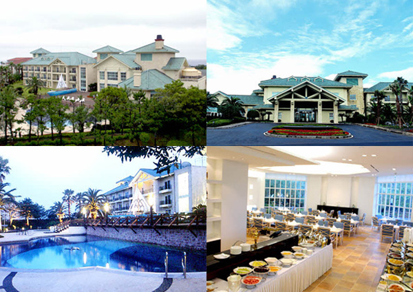 Hotel grounds, pool and dining room on Jeju Island