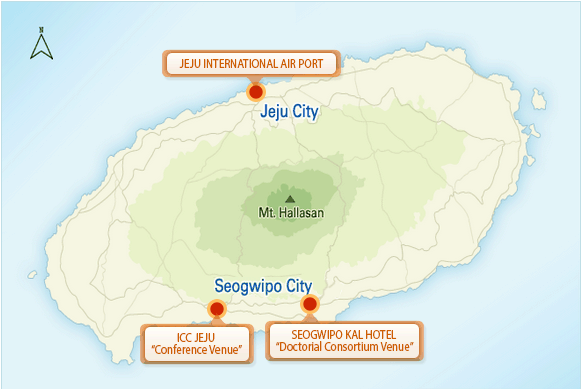 A map of Jeju Island showing Jeju International Airport, the ICC Jeju conference venue and the Seogwipo KAL Hotel