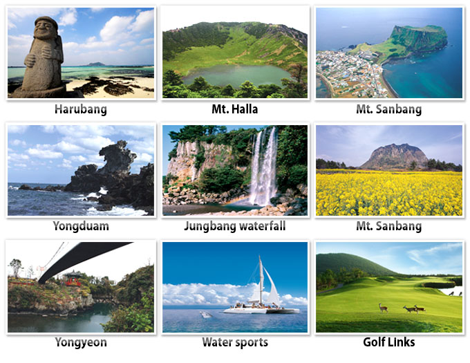 A collage of Jeju Island attractions including Harubang, Mount Halla, Mount Sanbang, Yongduam, Jeongbang waterfall, Yeongyeon, water sports and golf links